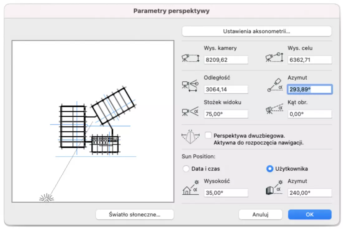 Ustawienia słońca w Archicadzie mogą być definiowane parametrycznie, bądź automatycznie dla określonej daty i czasu w lokalizacji projektu.