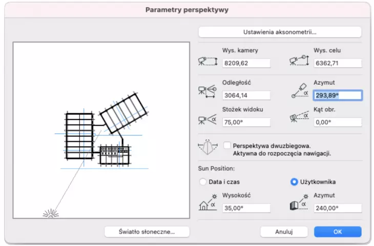 Ustawienia słońca w Archicadzie mogą być definiowane parametrycznie, bądź automatycznie dla określonej daty i czasu w lokalizacji projektu.