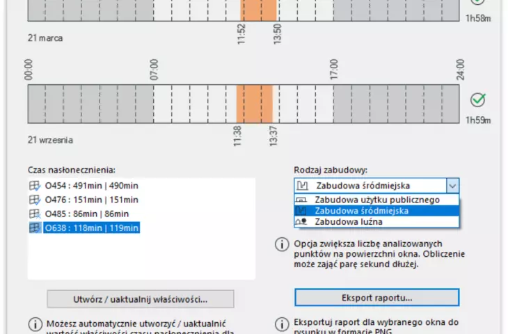 Raport programu Multibim SUN. Na wykresie przedstawiono dokładny czas nasłonecznienia zaznaczonego okna. Wykres jest dostosowany do różnych wymagań zawartych w Warunkach technicznych.
