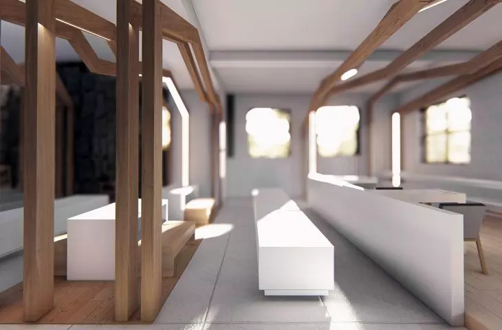 The restaurant part, dominated by white and wood