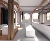 The restaurant part, dominated by white and wood