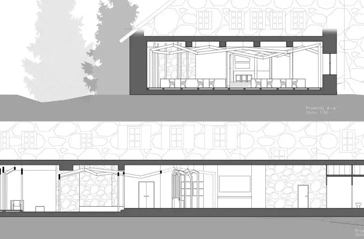 Design of the restaurant zone in the Murowaniec shelter and its surroundings, sections
