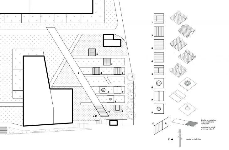 Common courtyard in Poznan, projection and drawings of furniture