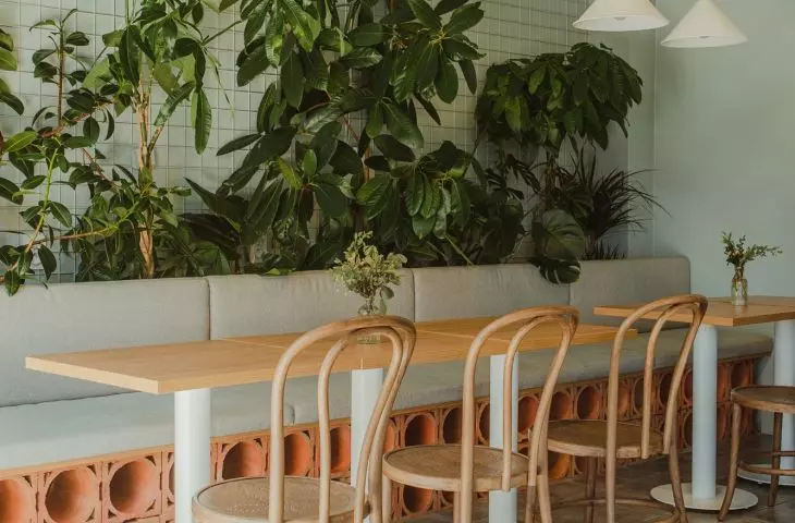 The base of the upholstered seats is formed by hollow blocks
