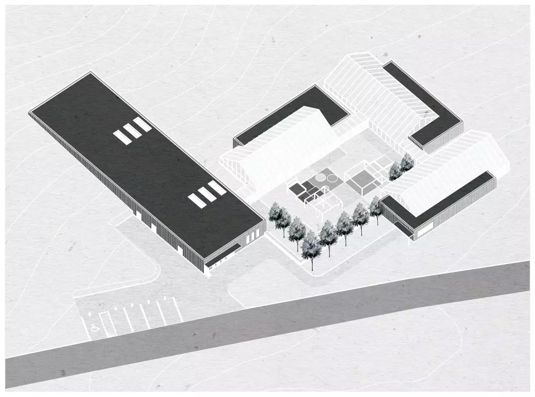 Projekt Centrum Opieki
nad dziećmi w spektrum autyzmu, aksonometria