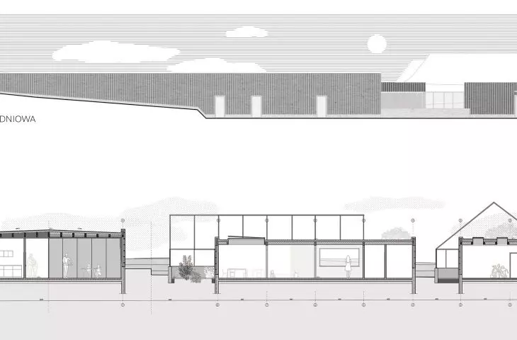 Design of the Autism Spectrum Care Center, elevation and cross-section B-B