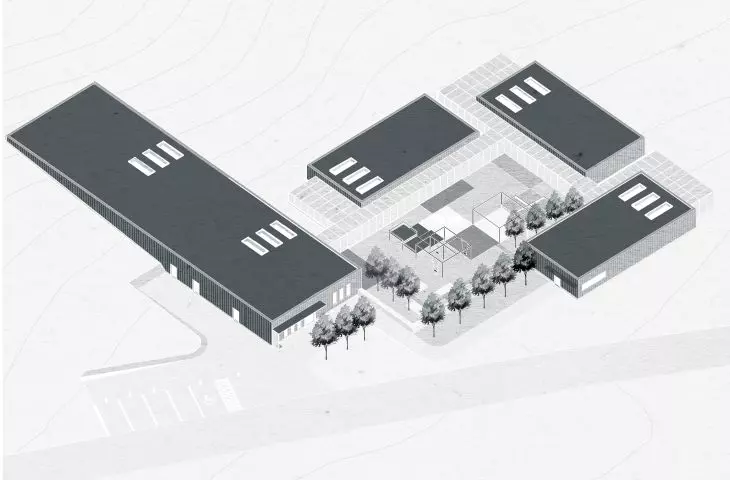 Projekt Centrum Opieki nad dziećmi w spektrum autyzmu, aksonometria, wersja dyplomowa