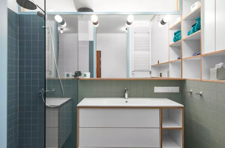 The bathroom in the living area is illuminated by narrow glazing