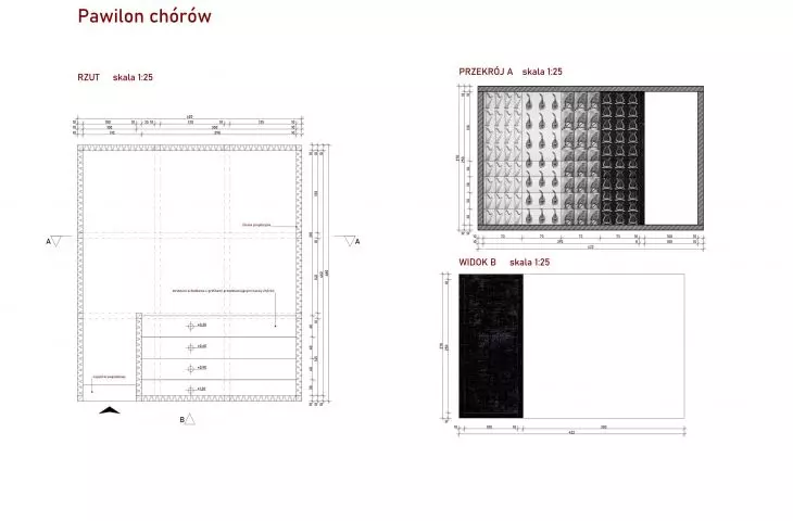 Plan and cross-sections of the choir pavilion