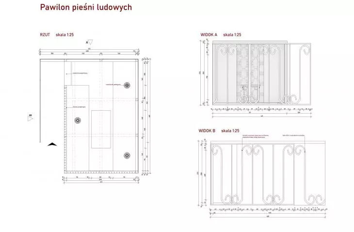 Plan and cross sections of the folk song pavilion
