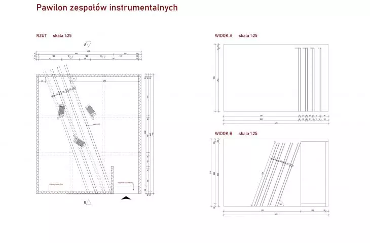 Plan and cross-sections of the instrumental ensembles pavilion