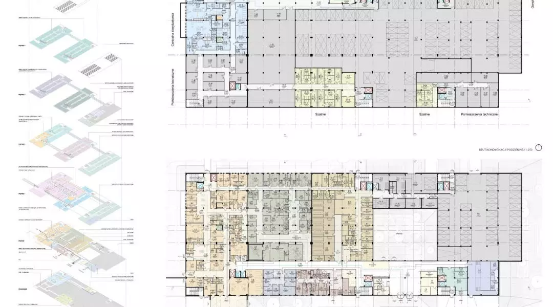 schemat funkcjonalny, rzuty kondygnacji podziemnej i parteru