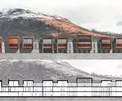 Scottish motel project, elevation and longitudinal section