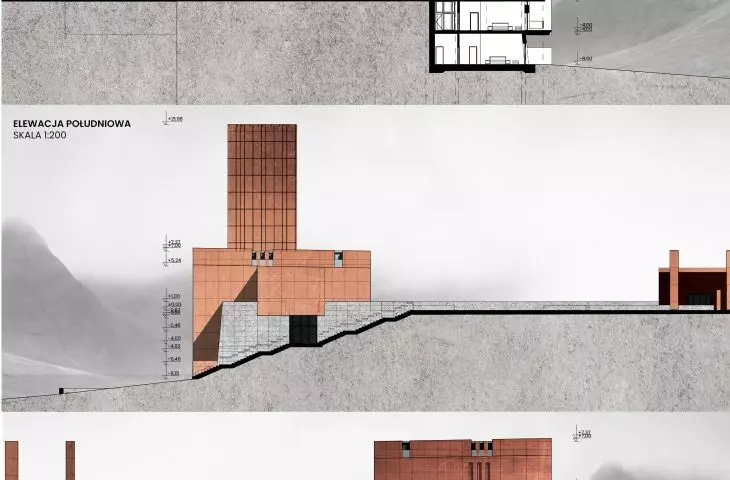 Projekt motelu w Szkocji, elewacje i przekrój poprzeczny