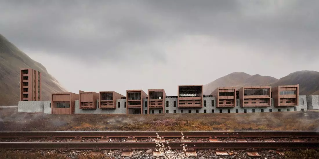 Projekt motelu
w Szkocji, widok od strony trasy kolejowej