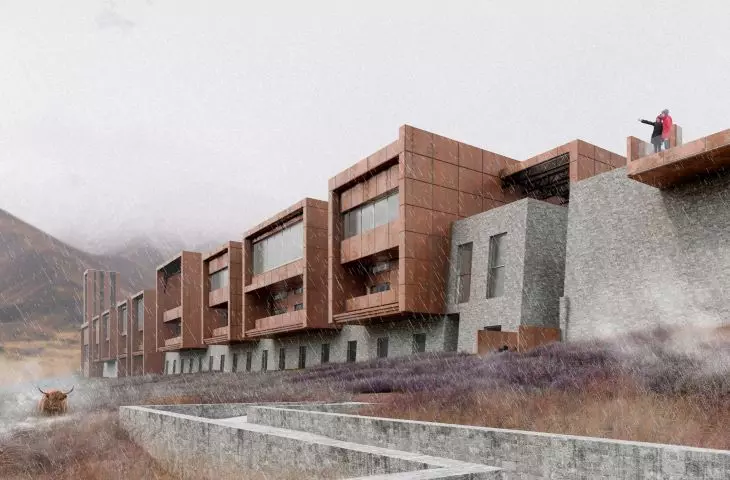 Projekt motelu w Szkocji, charakterystyczna jest cortenowa elewacja