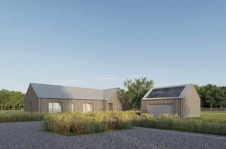 The house is divided into three functional blocks