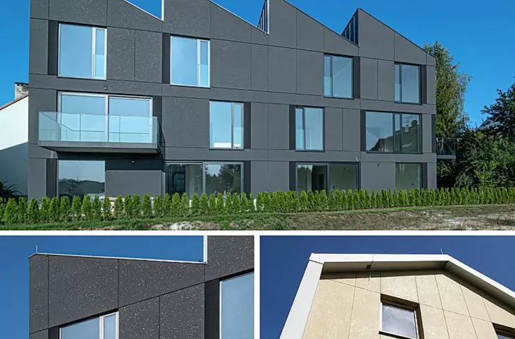 Mosaic plaster with the addition of stone flakes gives the facade a noble expression, referring to the effect of natural stone