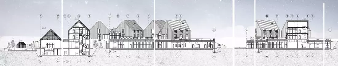 Projekt hotelu
Björkliden, przekrój frontu