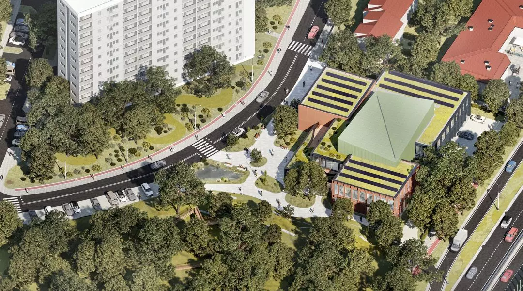 Projekt Powiatowej Instytucji Kultury w Legionowie, wizualizacja z lotu ptaka