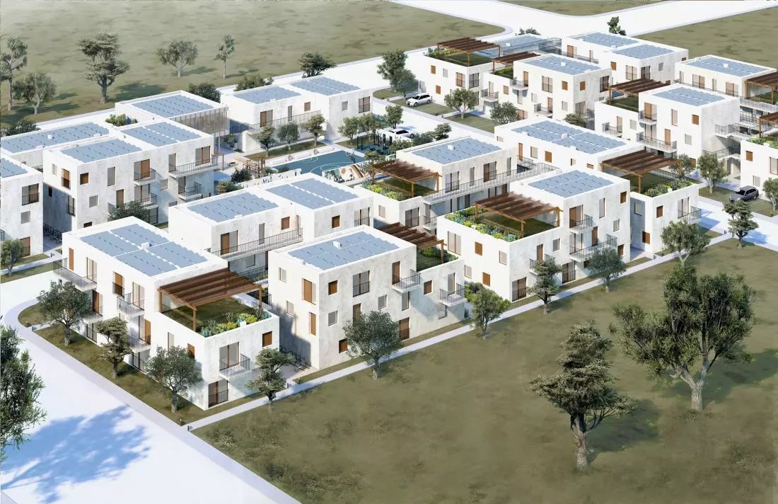 Projekt
niskoemisyjnego osiedla mieszkaniowego, widok z lotu ptaka