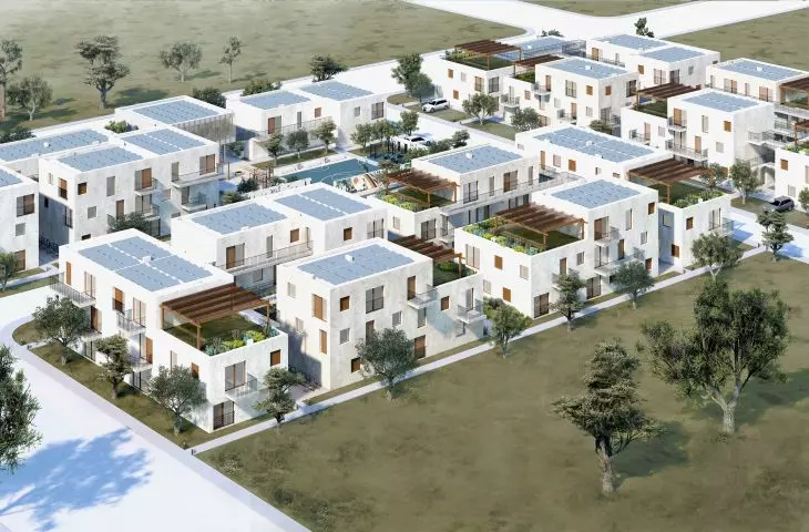 Projekt niskoemisyjnego osiedla mieszkaniowego, widok z lotu ptaka