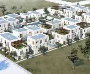 Projekt niskoemisyjnego osiedla mieszkaniowego, widok z lotu ptaka