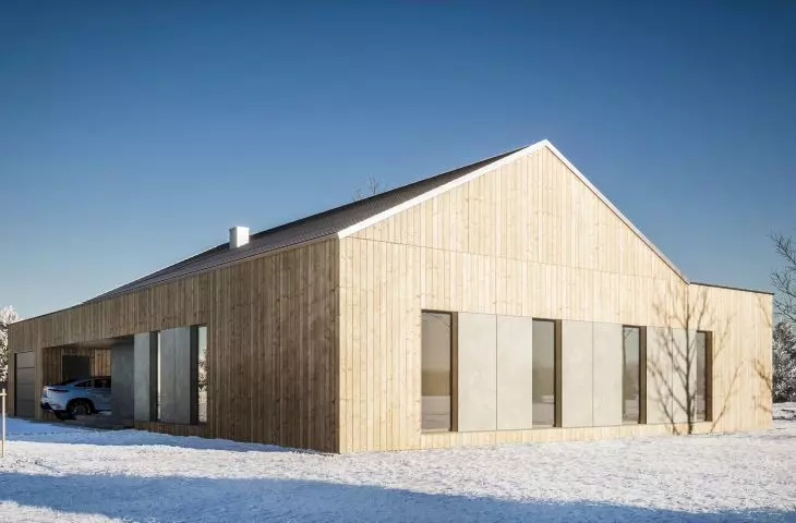 Elewację pokryto deską modrzewiową i płytami z betonu architektonicznego