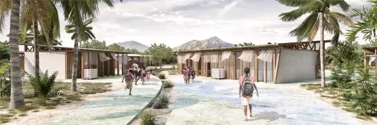 l'interno del complesso scolastico con pavimento intagliato per la raccolta dell'acqua piovana