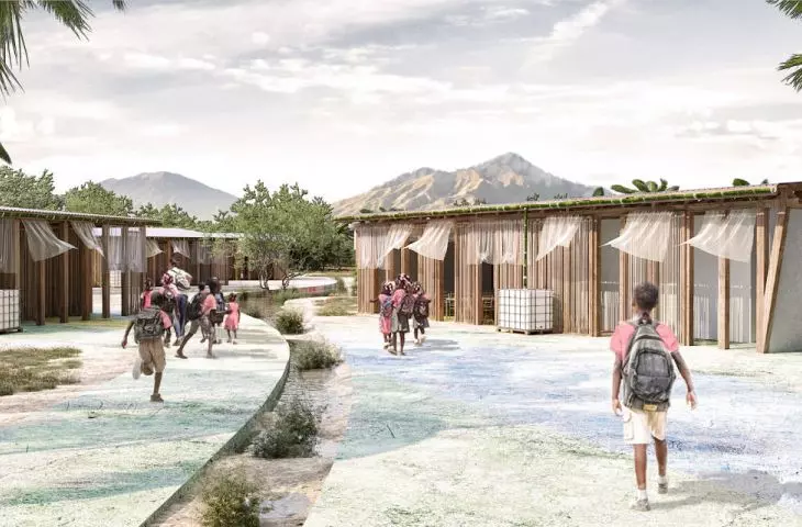 The interior of the school complex with a carved floor for rainwater collection