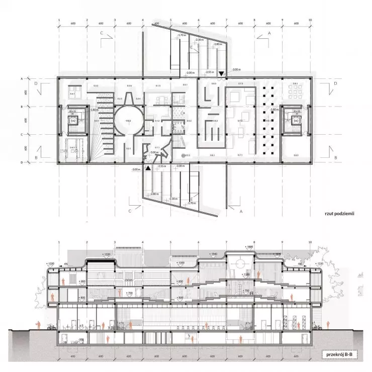 rzut underground and cross-section B-B