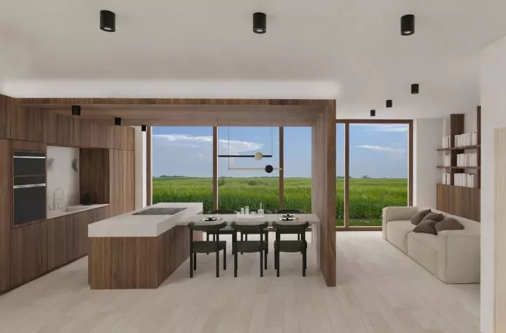 Living area, living room with kitchen