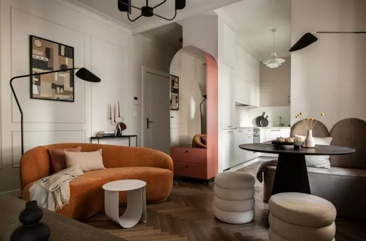 Living room overlooking the kitchens
