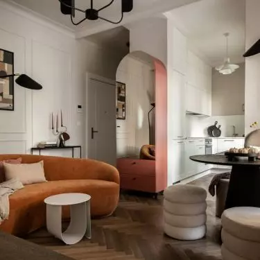 Living room overlooking the kitchens