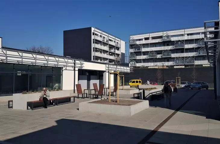 Rebuilt commercial pavilions on Świt Street in Poznań