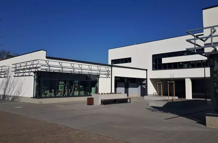 Rebuilt commercial pavilions on Świt Street in Poznań