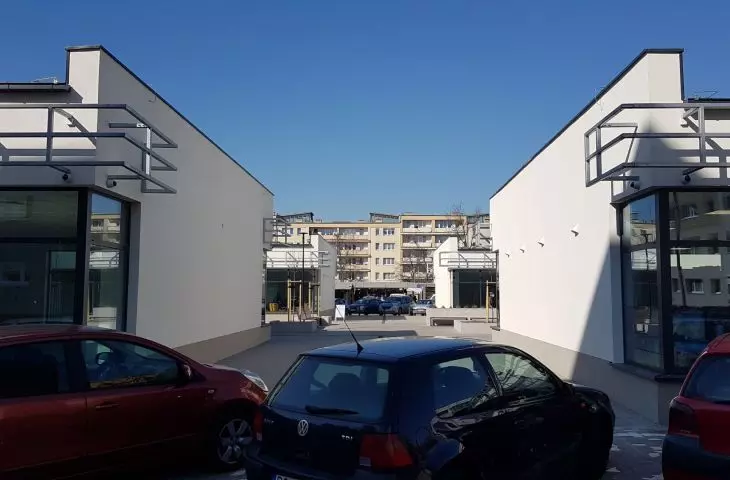 Rebuilt commercial pavilions on Świt Street in Poznań