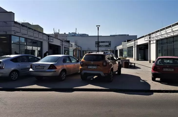 Rebuilt commercial pavilions on Świt Street in Poznań
