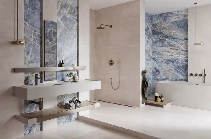 Modern Concrete Ivory, Brazilian Quartzite Blue