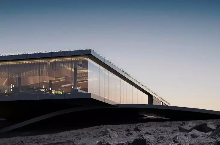 The lump of the restaurant is a combination of the simplicity of a cuboid with a characteristic expressive support