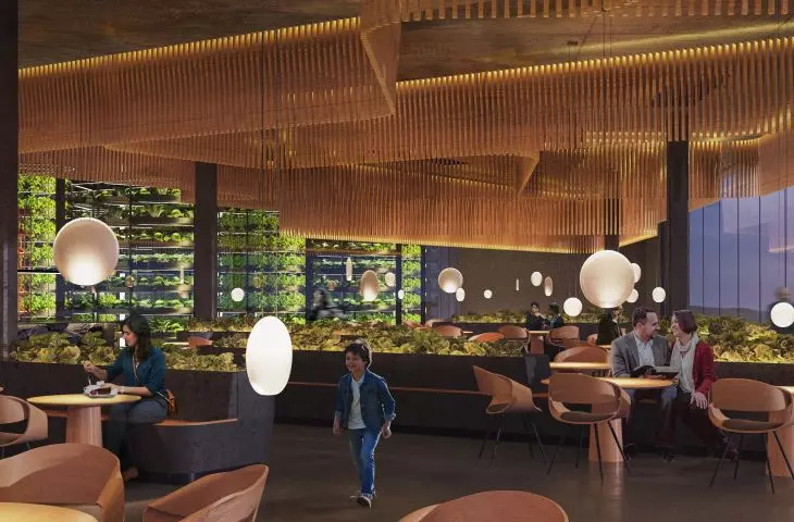 Interior of the restaurant with the greenhouse visible