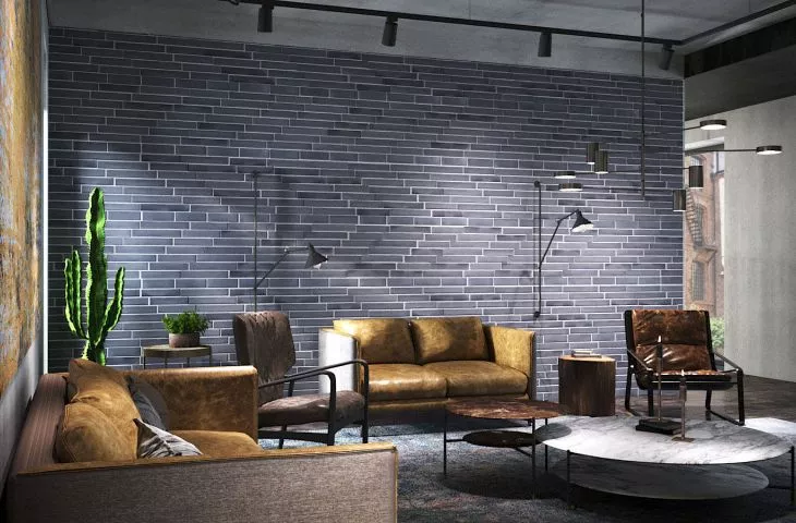 Salon z wykorzystaniem cegły BRISBANE
