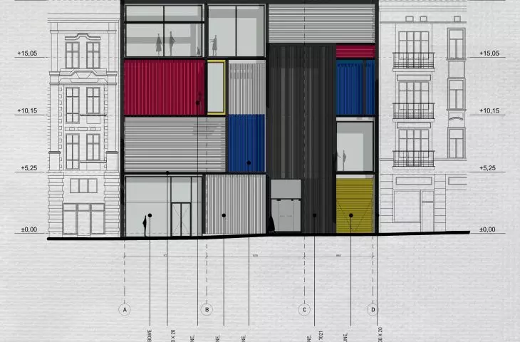Projekt Centrum artystycznego w Łodzi, elewacja frontowa