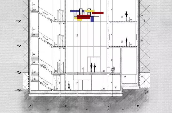 Projekt Centrum artystycznego w Łodzi, przekrój A-A