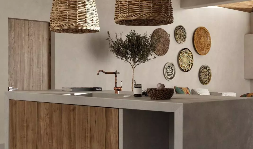 Wicker lampshades dominating the arrangement