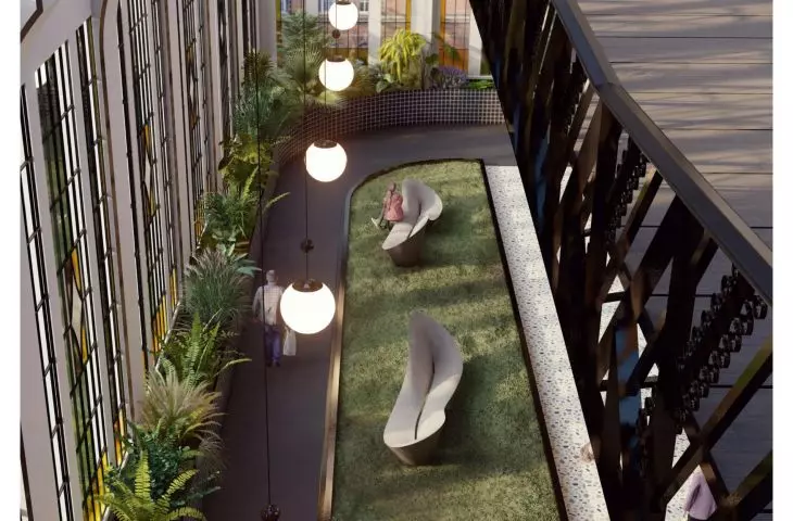 Stalowy pomost inspirowany oryginalnymi, znajdującymi się w obiekcie balustradami