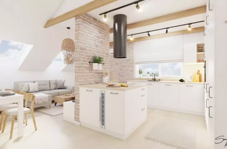 View of the kitchen area and living room