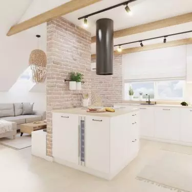 View of the kitchen area and living room