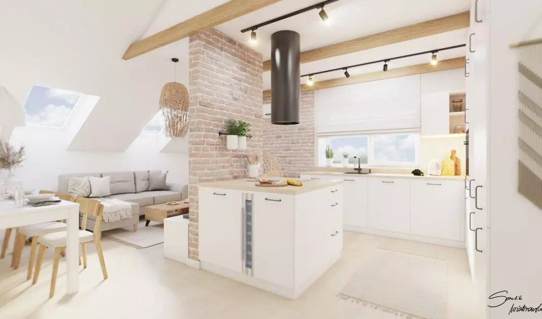 View of the kitchen area and living room