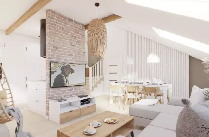Wood and boho style accessories visually warm up the interior